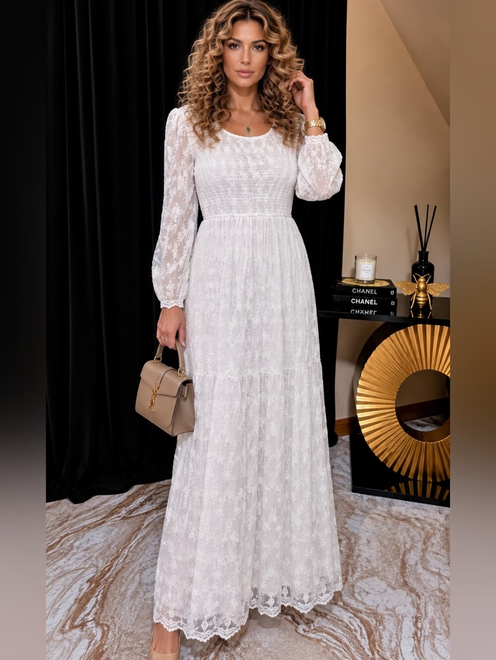 THE WHITE White Floral Lace Long Sleeve Maxi Dress Size S NWT